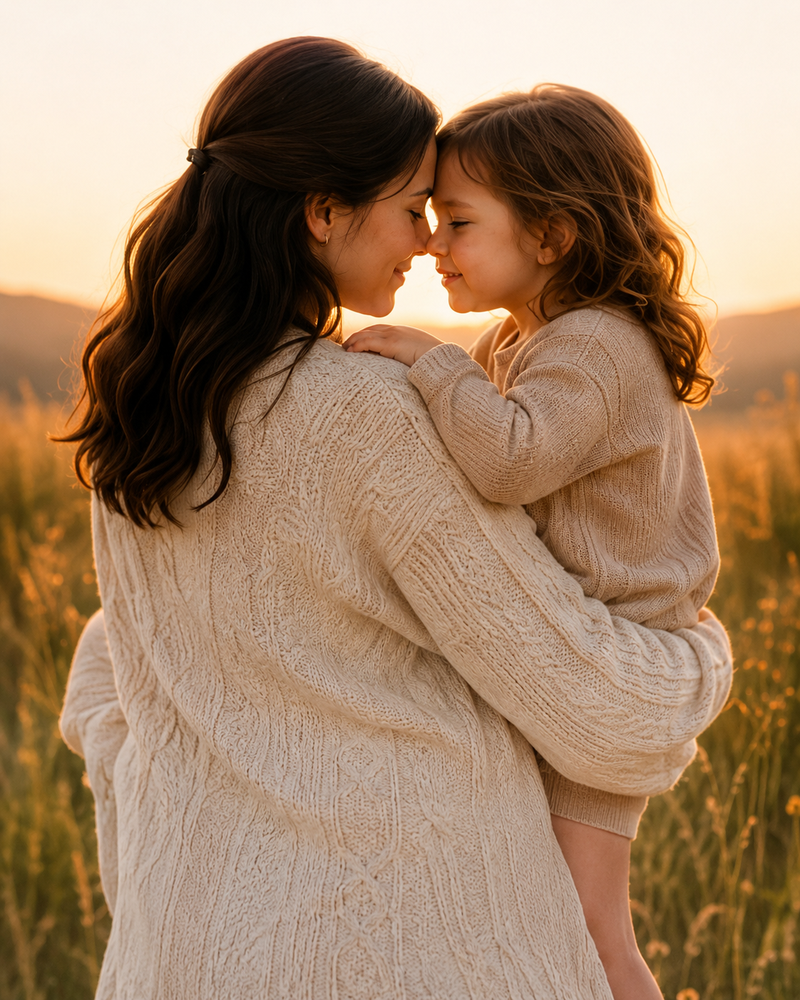 A parent and child at sunset